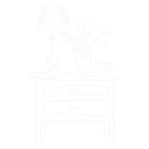 A sketch of a side table with three drawers, a table lamp, a vase with flowers, and a stack of books on top.