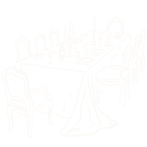 Outline of a dining table set with plates, glasses, and candles, surrounded by six ornate chairs.