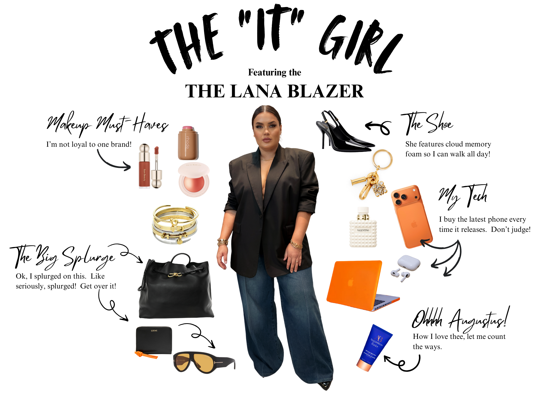 A woman in a black blazer and wide-leg jeans posing with various fashion items and accessories around her, including shoes, makeup, a black handbag, jewelry, a phone, AirPods, sunglasses, a laptop, perfume, and skincare products, with handwritten descriptions and arrows indicating each item.