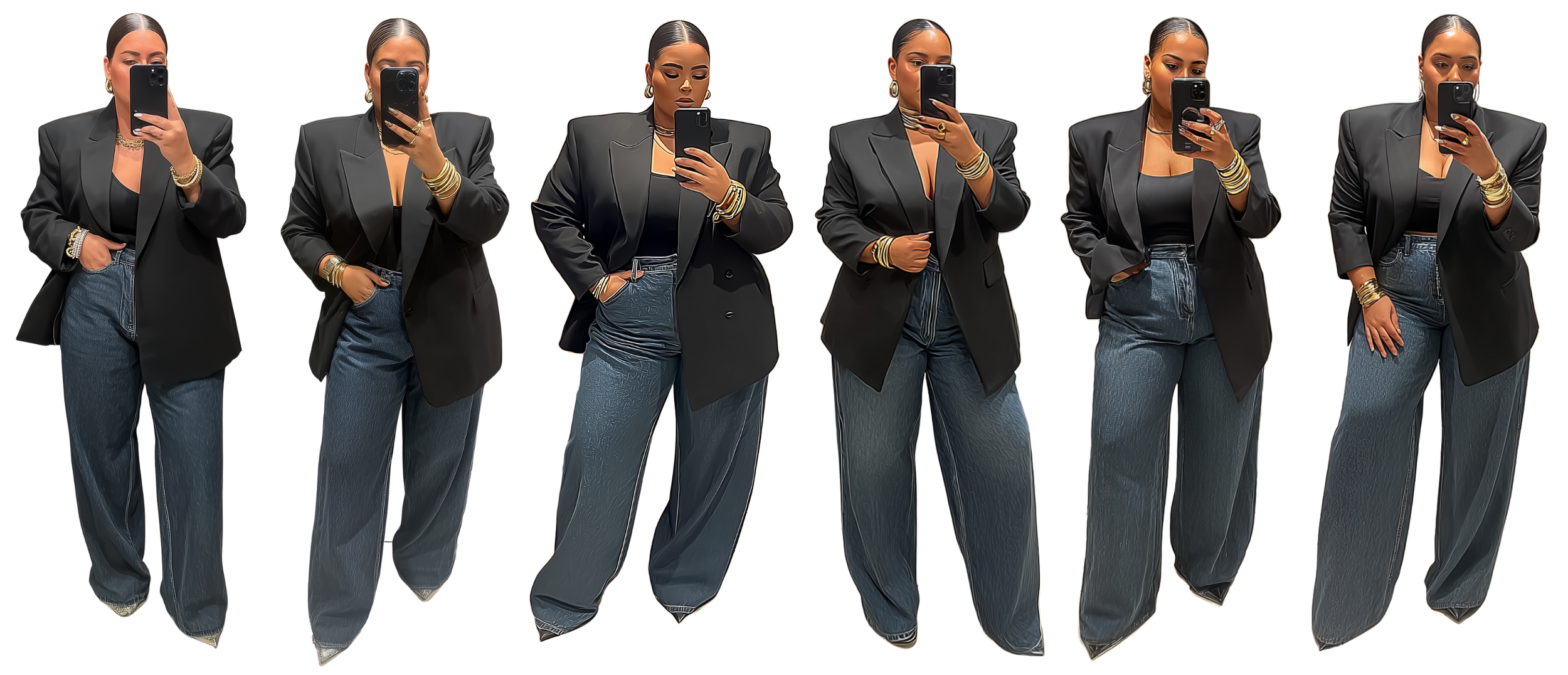 Seven women standing side by side, taking mirror selfies with smartphones, dressed in black blazers, black tops, and wide-leg jeans, accessorized with gold jewelry and earrings.