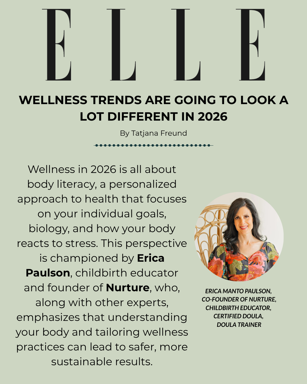 Elle wellness article titled “Wellness Trends Are Going to Look a Lot Different in 2026,” by Tatjana Freund, featuring childbirth educator and doula Erica Mantō Paulson.