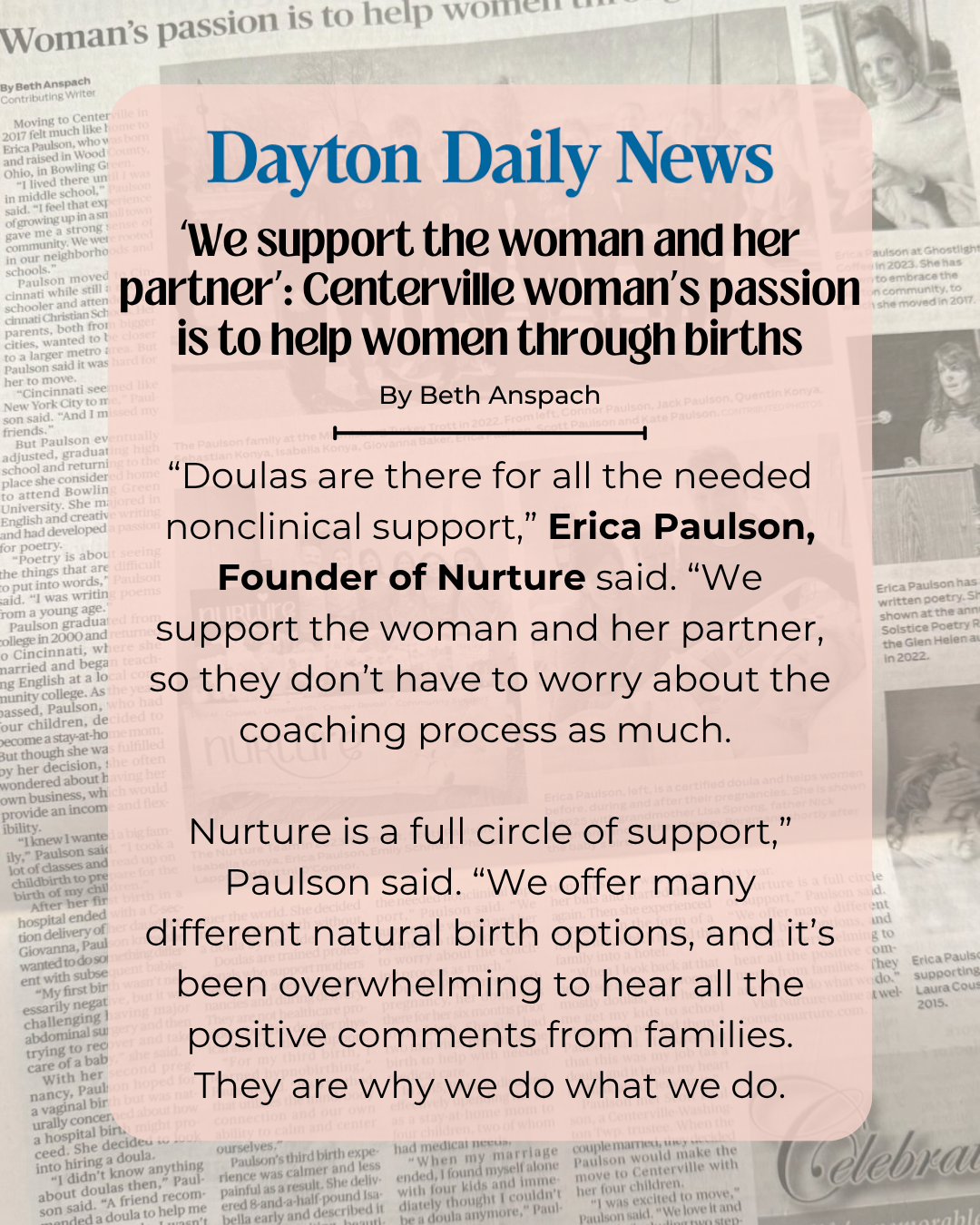 Dayton Daily News article graphic about Centerville doula Erica Paulson and Nurture’s support for women through childbirth