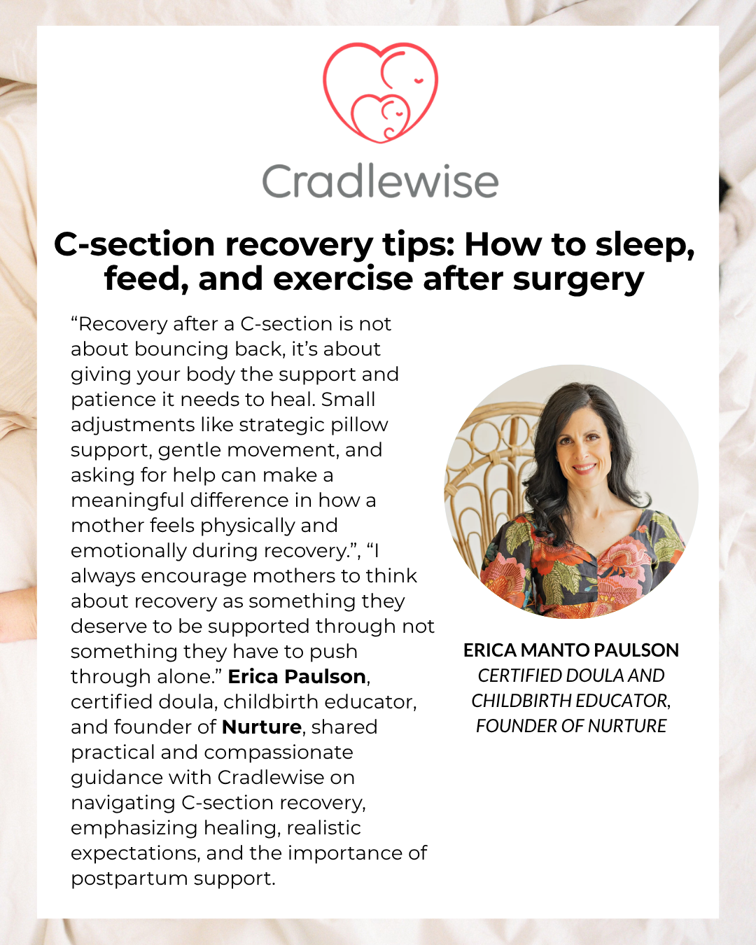 C-section recovery tips graphic from Cradlewise featuring certified doula Erica Manto Paulson