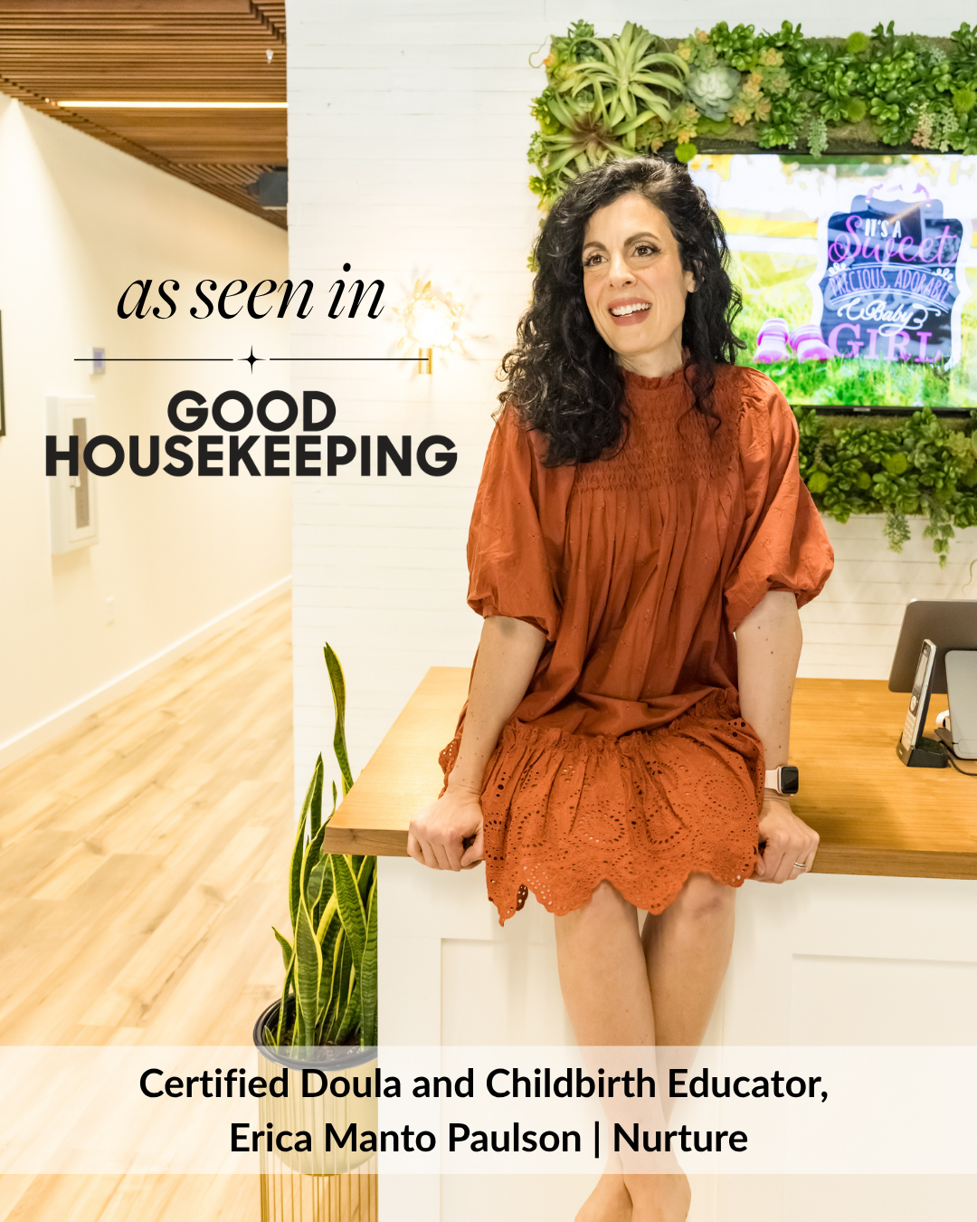 Erica Manto Paulson, certified doula and childbirth educator, seated in a modern office posing for “As Seen in Good Housekeeping”
