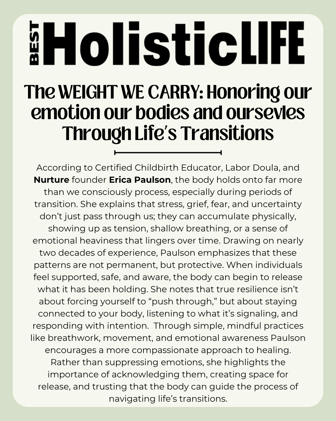 Best Holistic Life article graphic about honoring emotions, bodies, and ourselves through life’s transitions, featuring Birth With Ease founder, Erica Manto Paulson