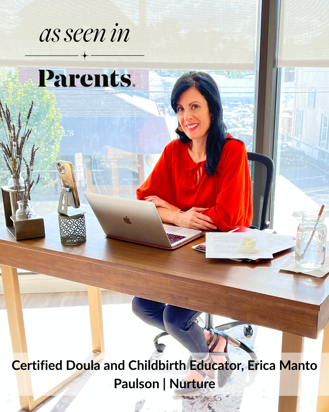 Certified doula and childbirth educator Erica Manto Paulson working at a desk with a laptop, featured in Parents magazine.