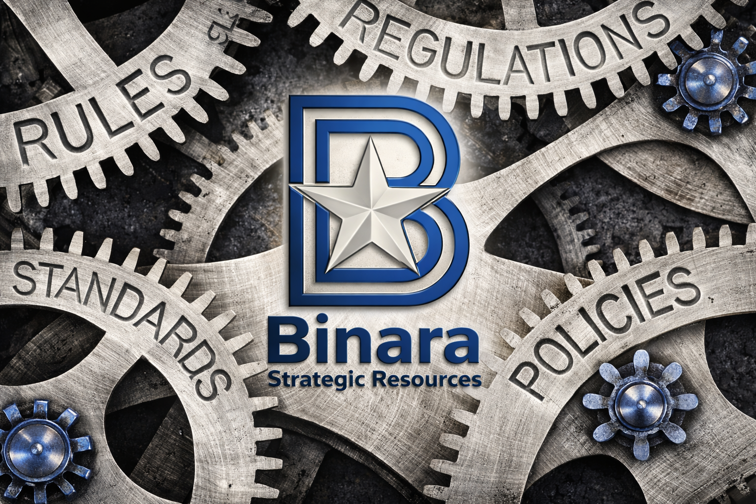 Metal gears with words like 'Rules,' 'Regulations,' 'Standards,' and 'Policies' embossed on them, with a logo of a blue letter 'B' with a silver star in the center, and the text 'Binara Strategic Resources' below.