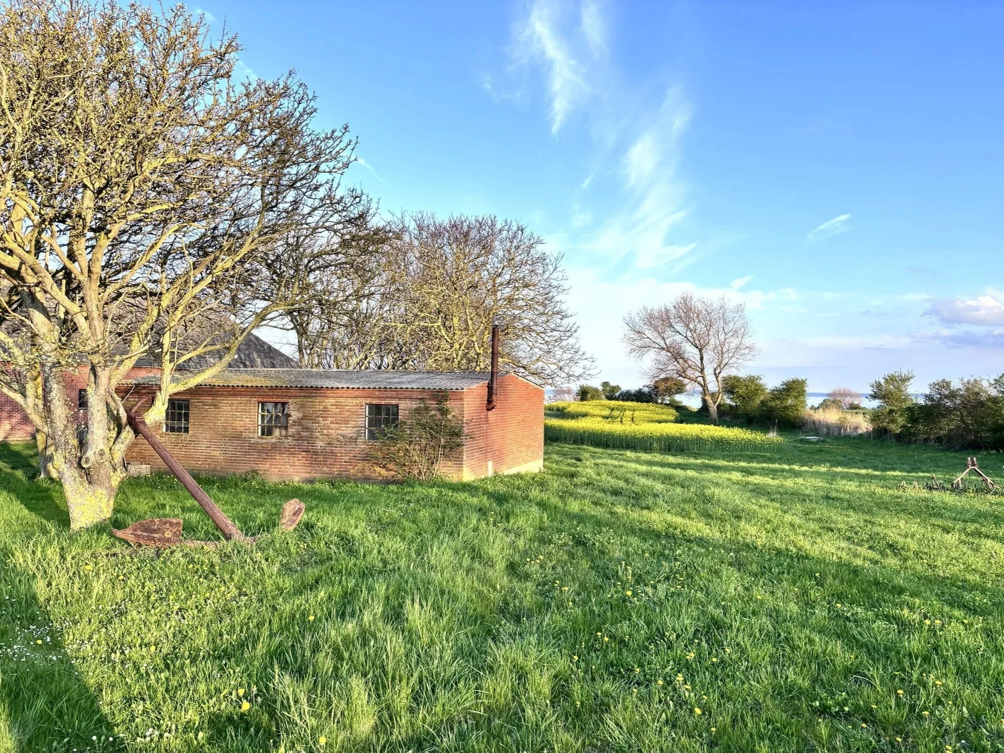 Absoulute Privatsphäre für Führungskräfte im GOLFHUSRT auf Ærø. Roter Backsteinbau auf grüner Wiese und Inselblauer Himmel. Ein riesiger Anker lehnt am Baum als Sinnbild fürs Ankommen und bleiben.