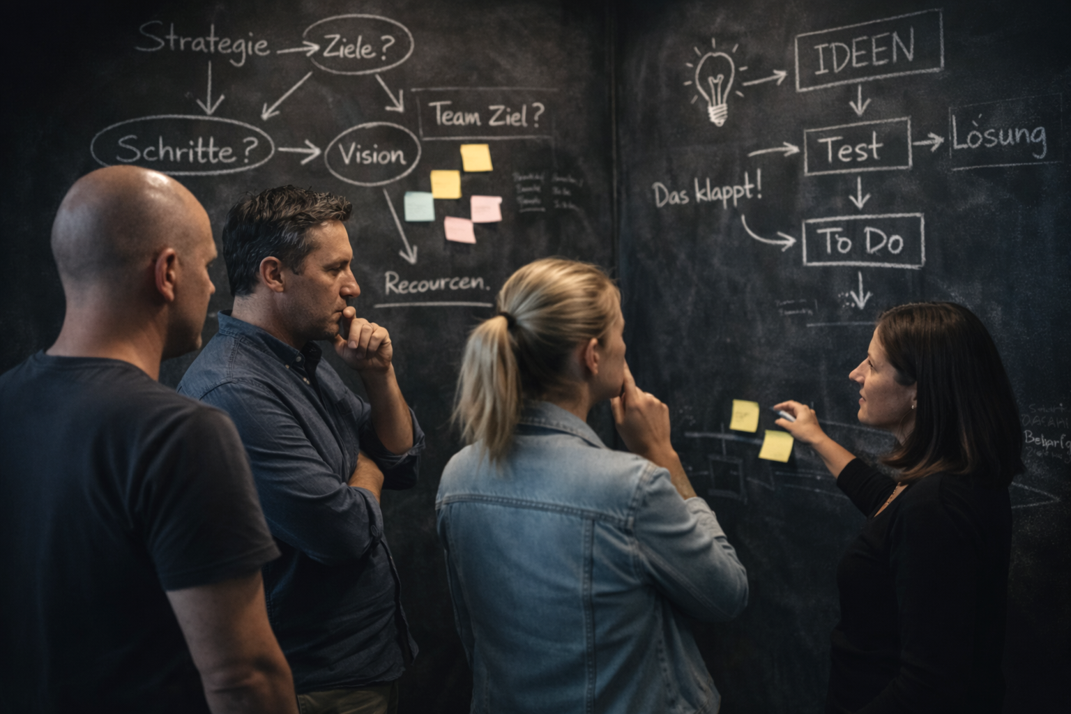 Vier Personen arbeiten konzentriert vor einer großen schwarzen Tafel mit handgezeichneten Strategie-Diagrammen, Pfeilen, Post-its und Begriffen wie Ideen, Test und Lösung während einer Workshop-Session.