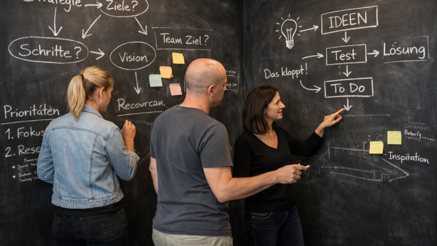 Team entwickelt Strategie an einer Tafel mit Ideen, Prioritäten und To-do-Struktur für fokussiertes Arbeiten