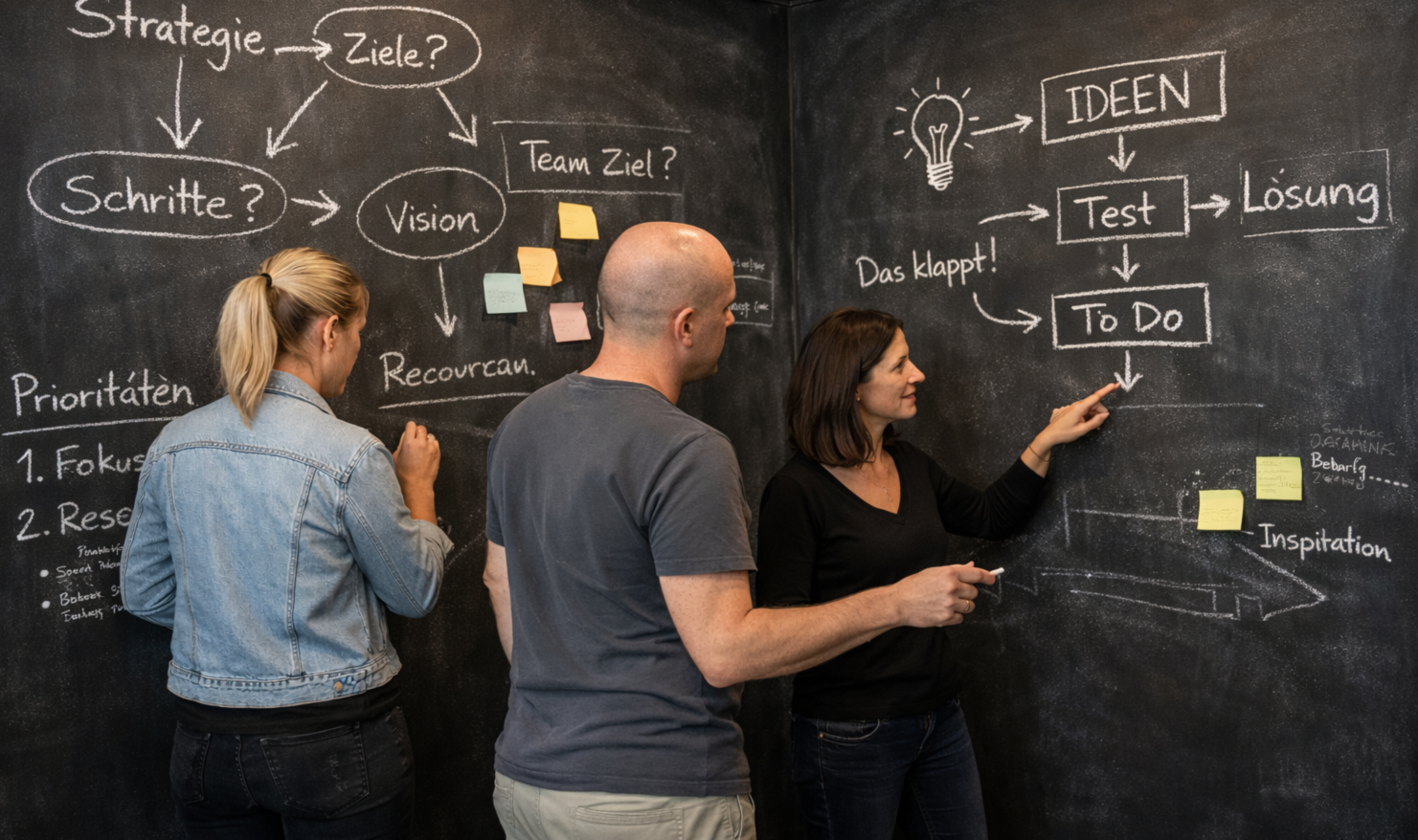 Führungsteam entwickelt Strategie an Kreidetafel während Offsite im Alten Pfarrhaus auf Ærø