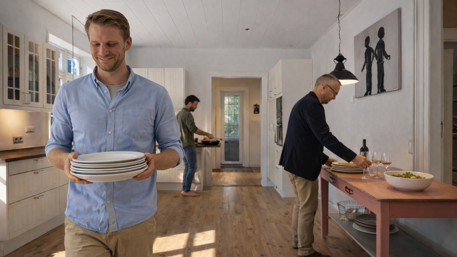 Team arbeitet in der Küche des Alten Pfarrhauses auf Ærø während eines Business Retreats