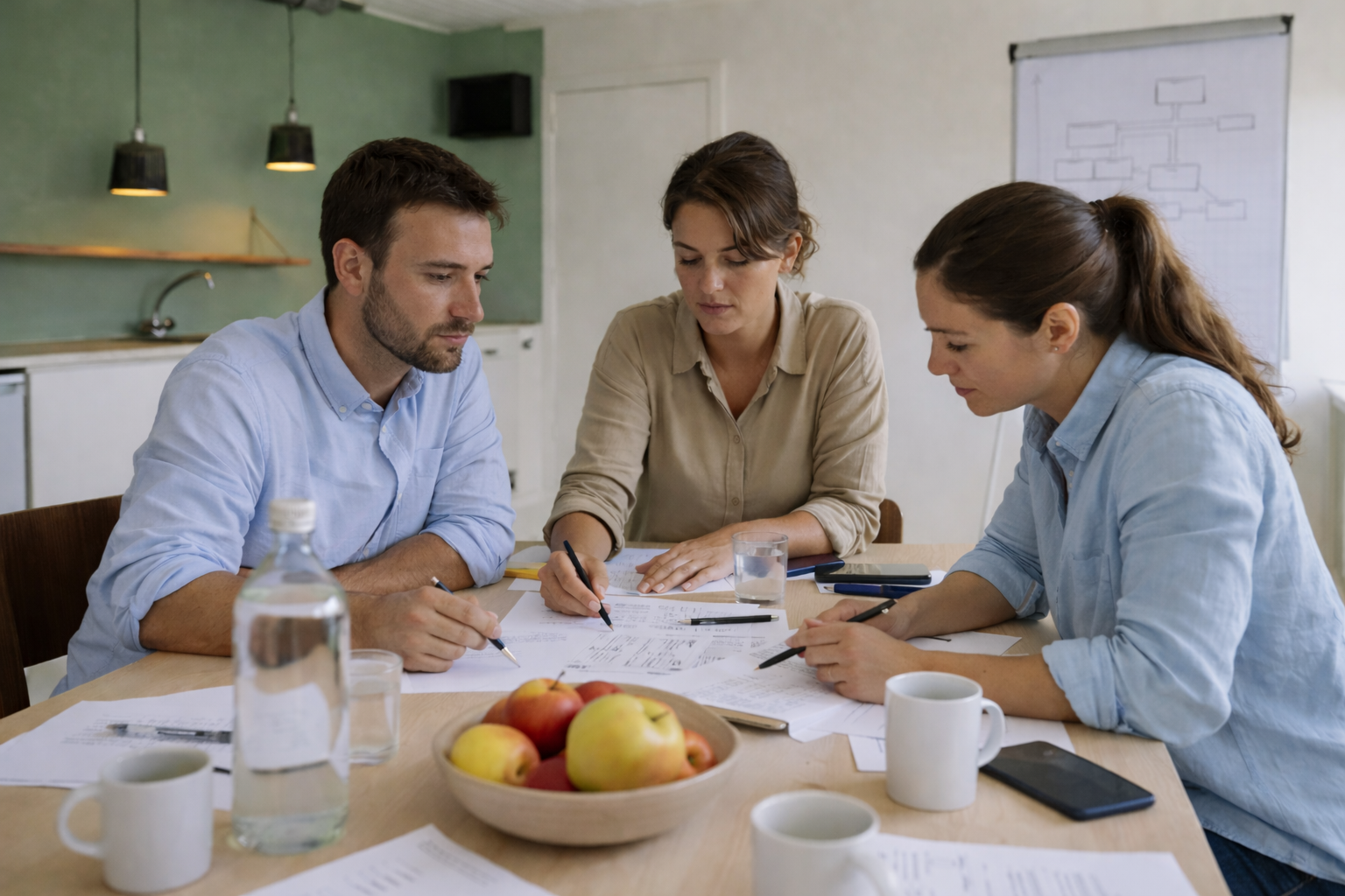 Team diskutiert Arbeitsunterlagen im Studio des Working-Lofts im Alten Pfarrhaus auf Ærø