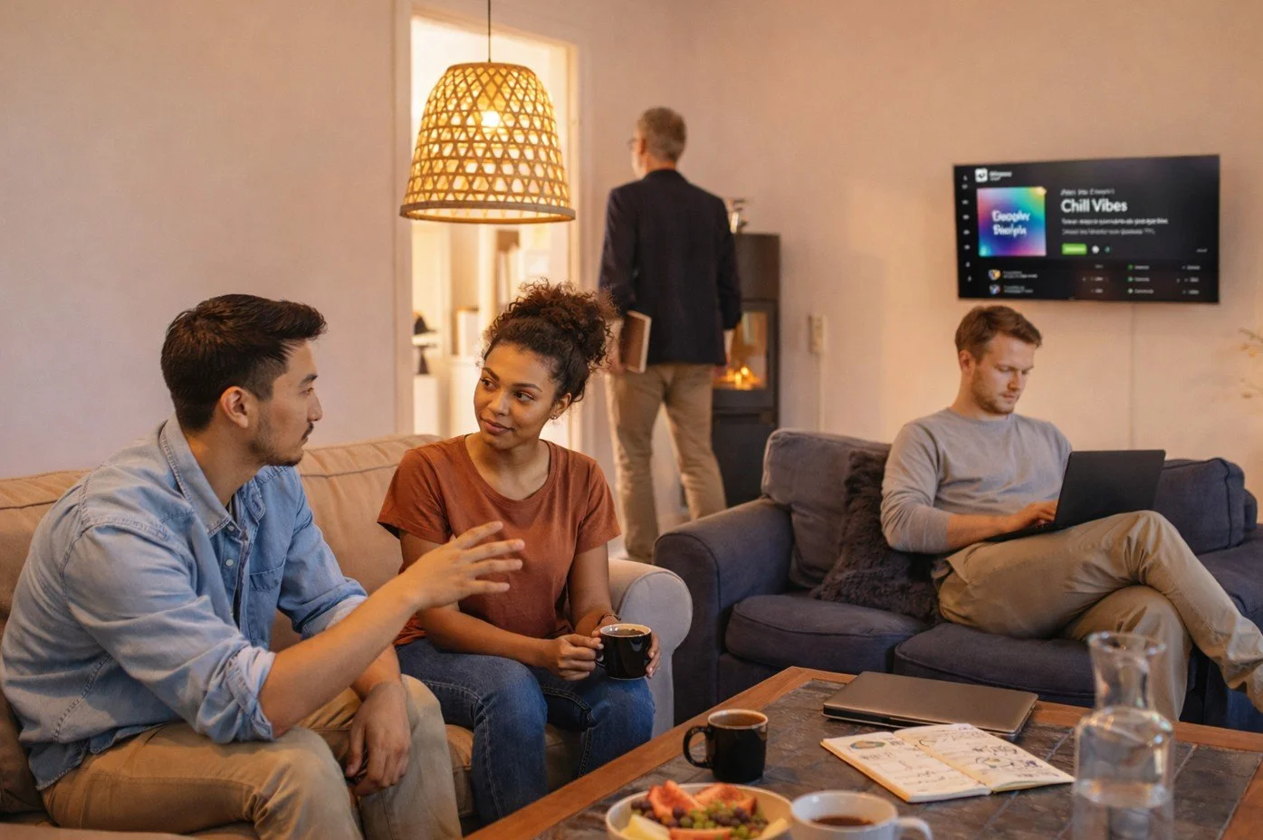 Kleines Projektteam arbeitet während eines Offsites gemeinsam im Wohnbereich des Alten Pfarrhauses auf Ærø