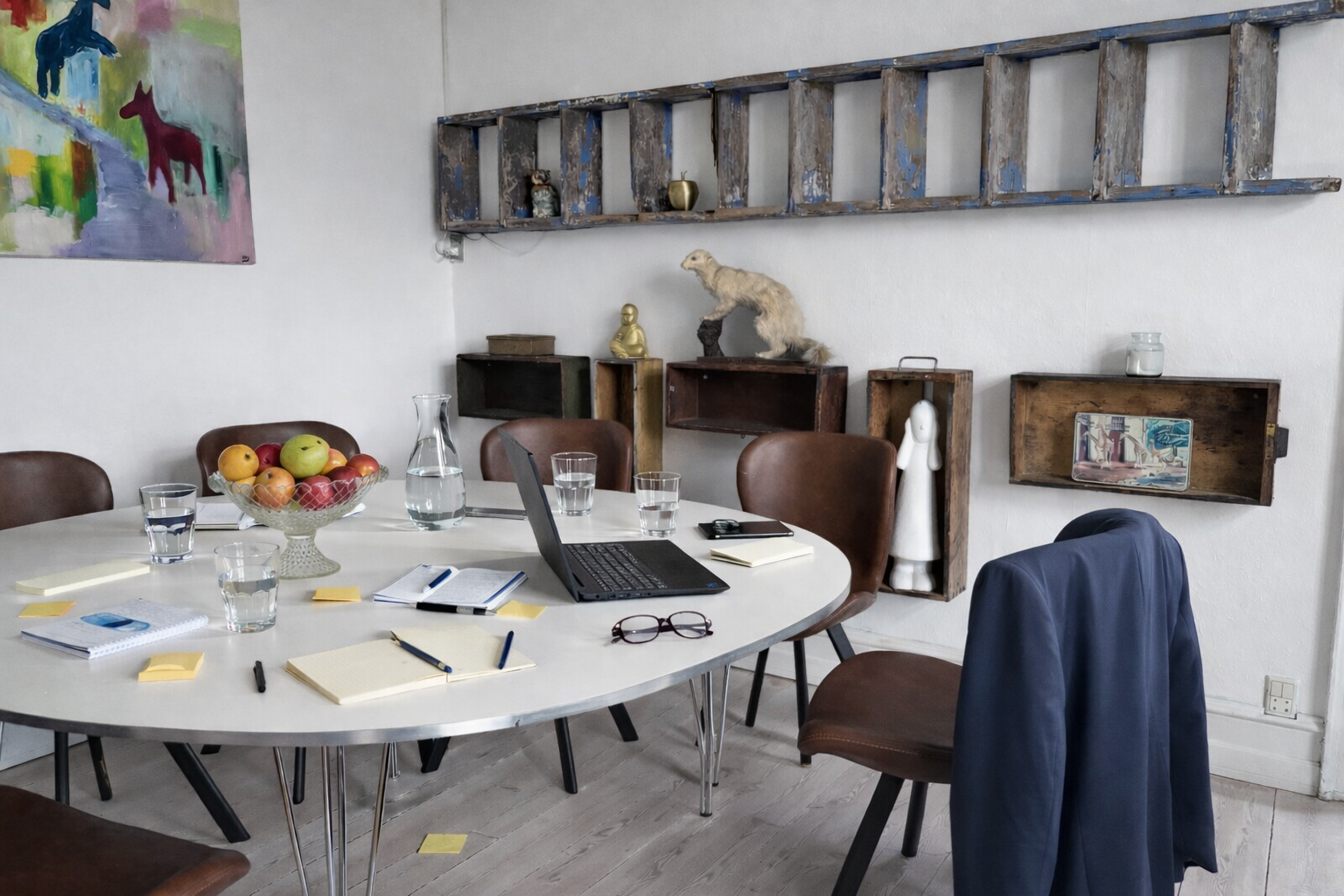 Besprechungstisch mit Unterlagen nach Strategie-Offsite im Alten Pfarrhaus Ærø