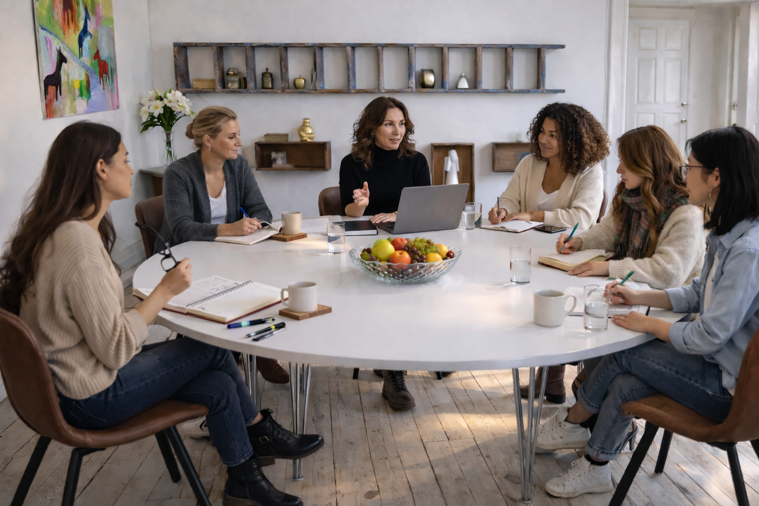 Arbeitsraum im Alten Pfarrhaus auf Ærø – vorbereiteter runder Tisch für Team-Workation oder Strategie-Offsite