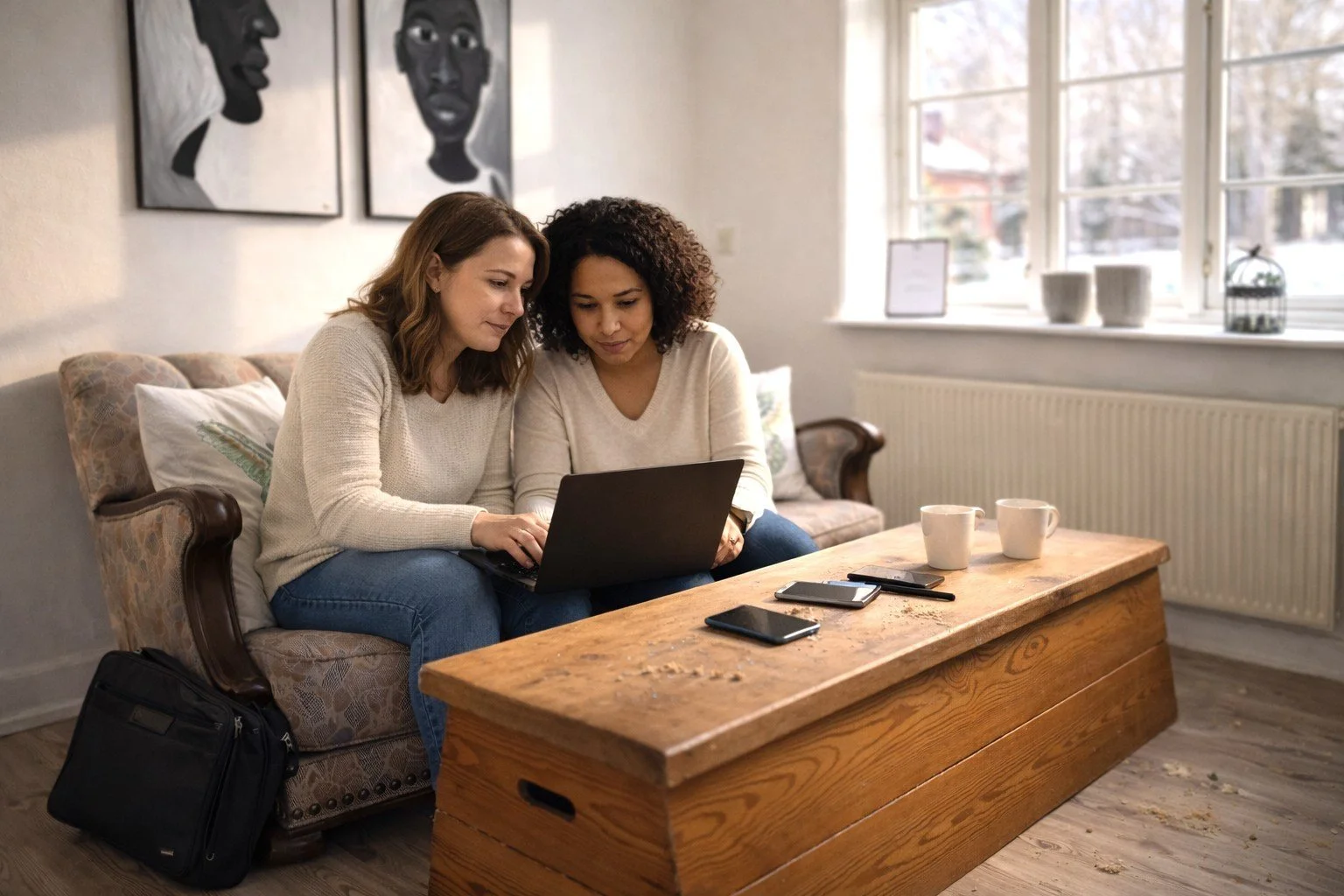 Team Workation im Alten Pfarrhaus auf Ærø – Founder-Team arbeitet gemeinsam an Laptop im Retreat-Wohnbereich