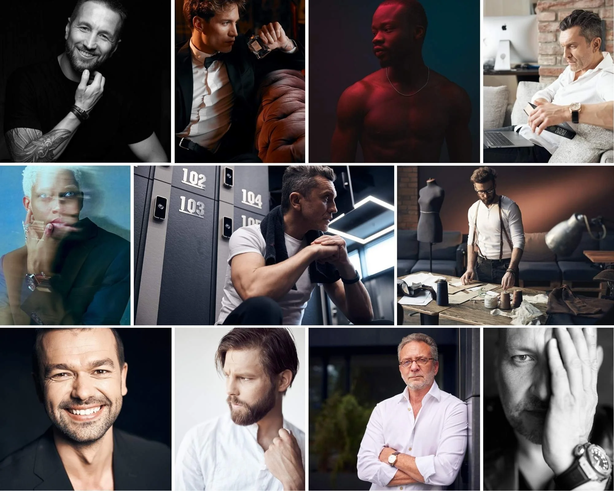 The image features a collage of male portraits showcasing diverse styles and settings. Captured in Switzerland by a professional portrait photographer.