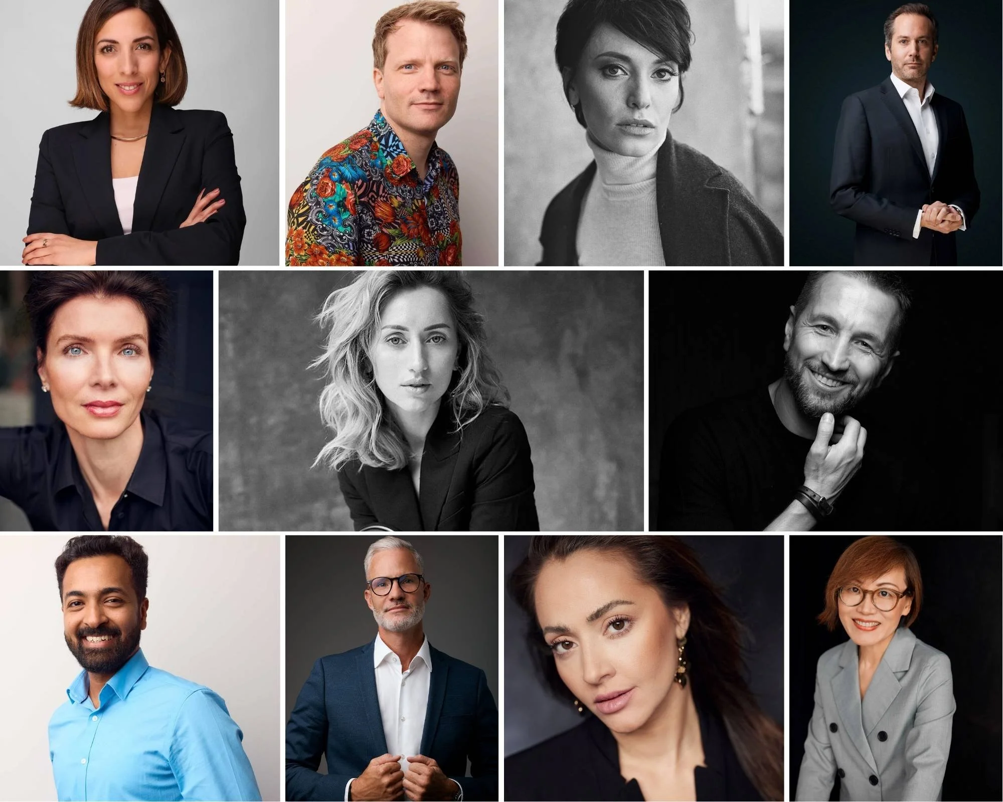 The image showcases a collage of diverse portraits featuring individuals in various clothing styles and poses. Captured in Switzerland by a professional portrait photographer.