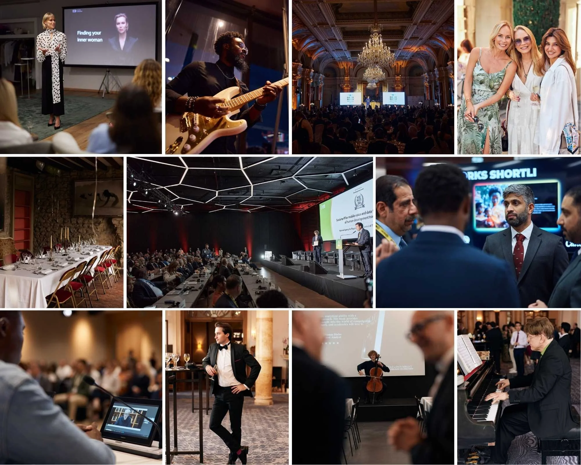 A corporate event showcases speakers, musicians, and an audience in an elegant setting. Captured in Switzerland by a professional portrait photographer.