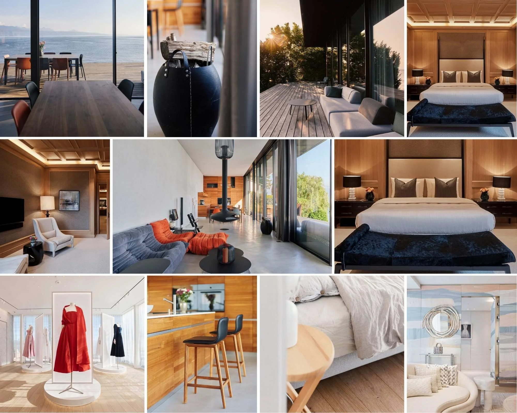 The image showcases a modern interior with stylish furniture, large windows, and a scenic view. Captured in Montreux by a professional portrait photographer.