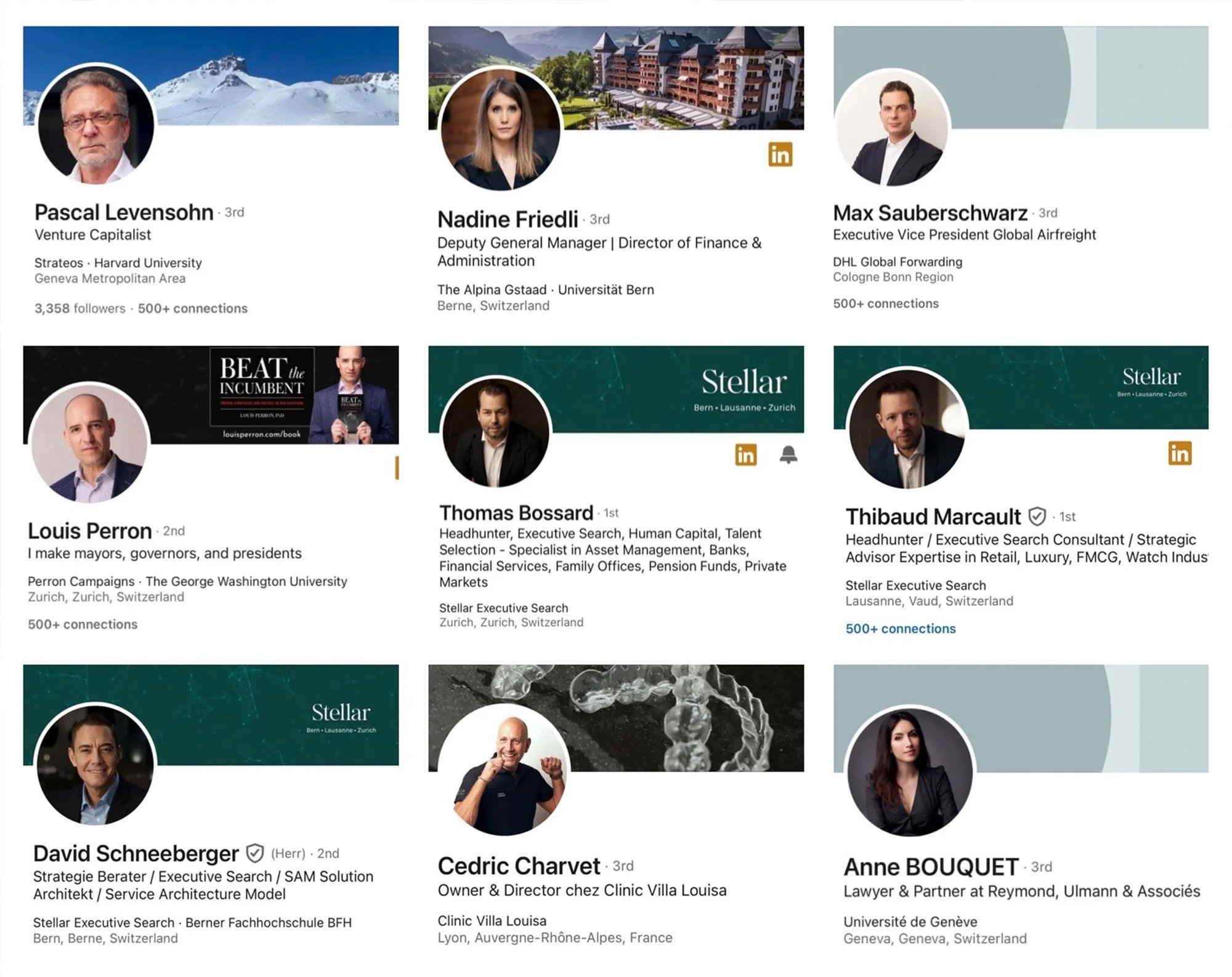 Eine digitale Collage professioneller LinkedIn-Profilkarten mit Fotos, Namen, Titeln, Zugehörigkeiten und Standorten verschiedener Geschäftsleute.