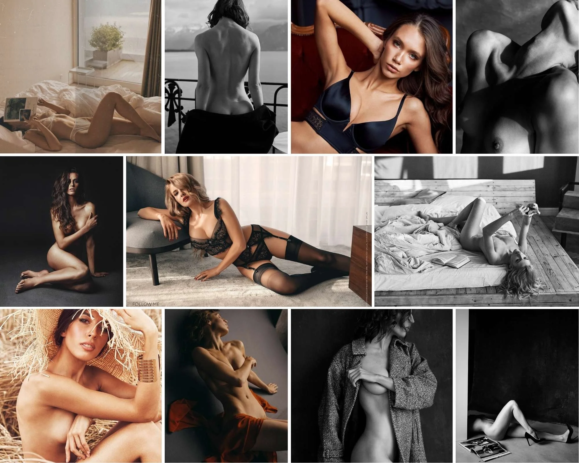 The image showcases women in lingerie and casual attire, posed in different settings with soft lighting. Captured in Geneva by a professional portrait photographer.