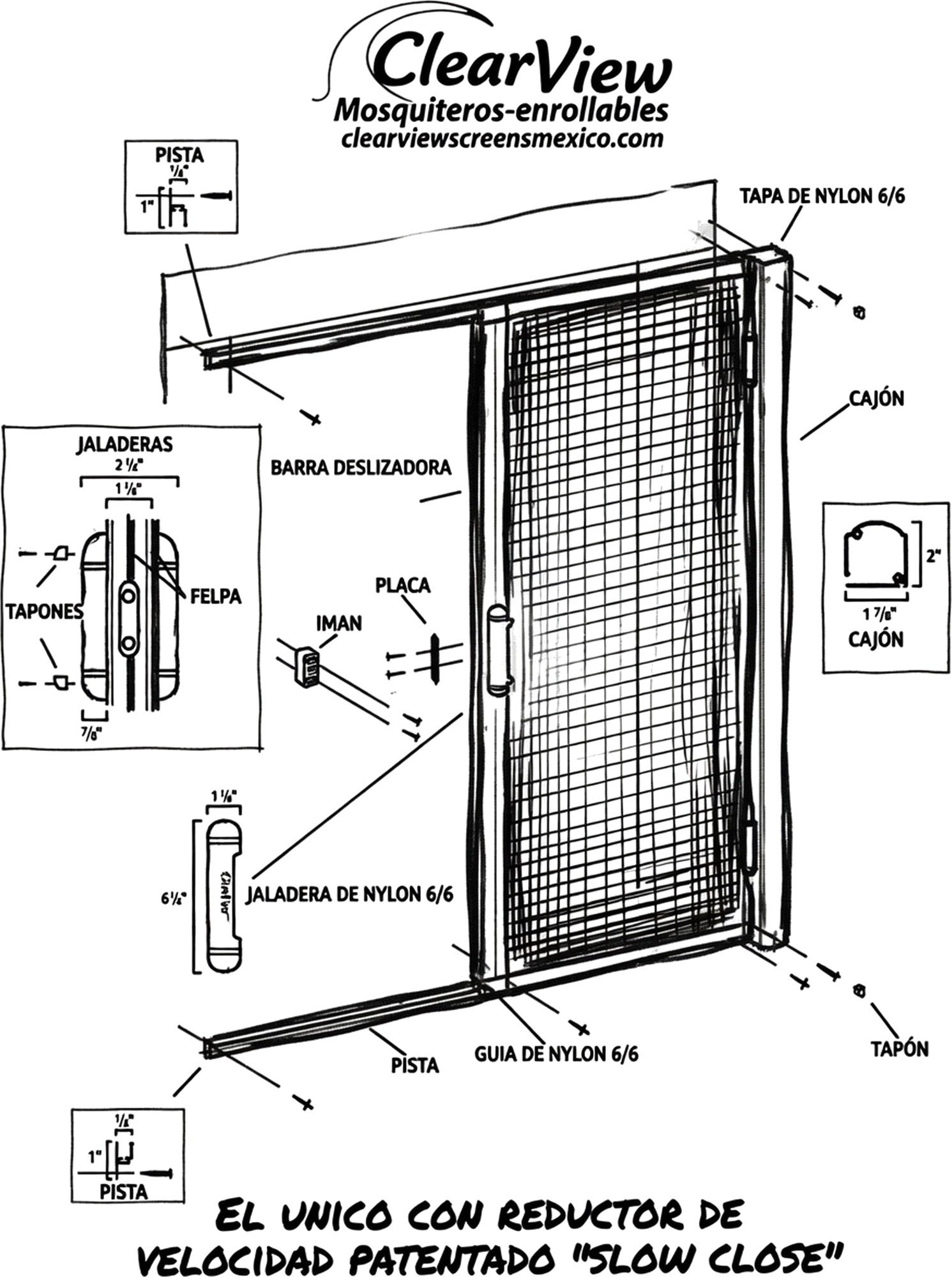Technical diagram of a mosquito screen door labeled in Spanish, showing components like nylon panels, sliding tracks, sliders, a box, and a guide for installation.