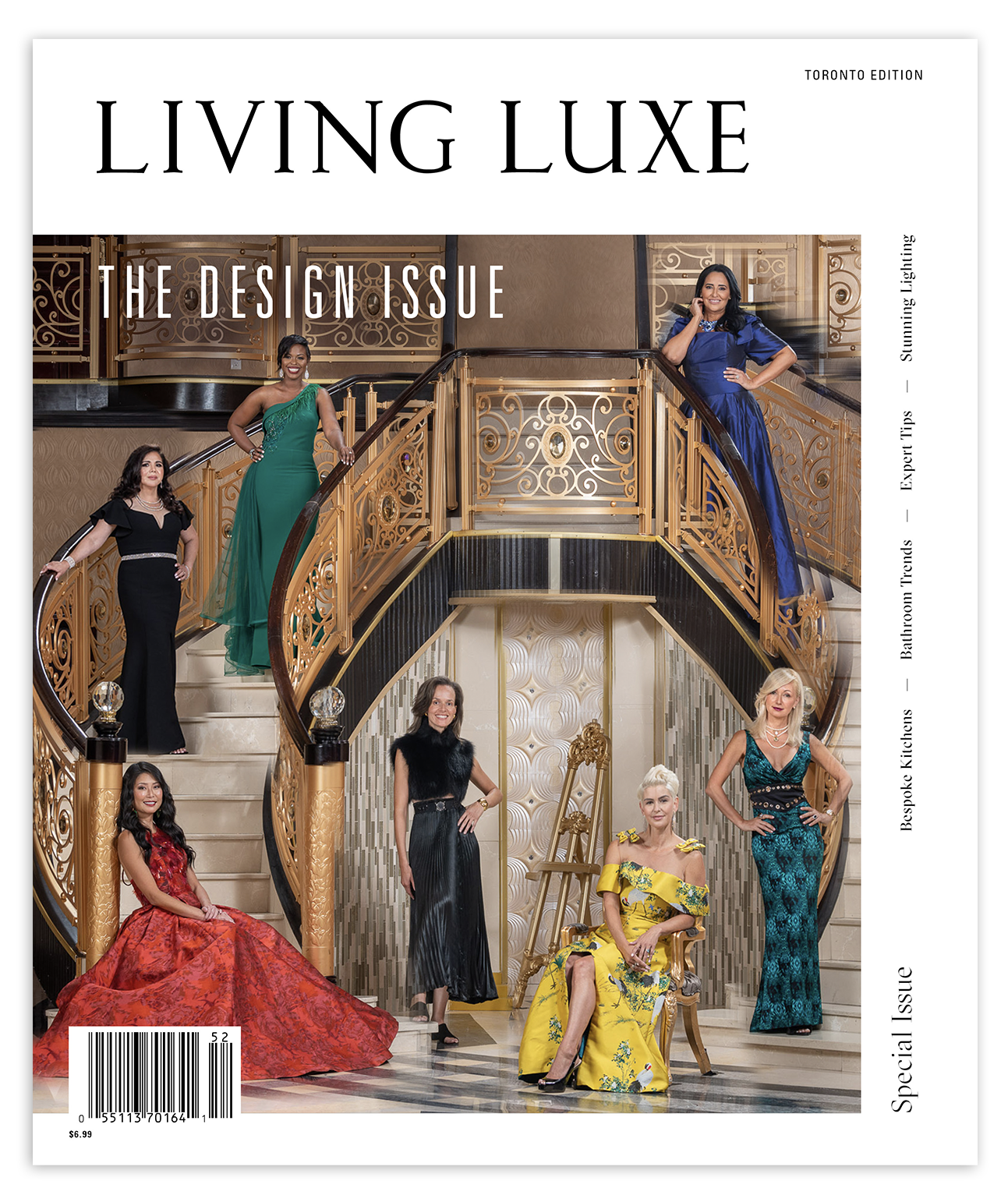 Cover of Living Luxe magazine featuring a man and a woman standing outdoors near a brick house with greenery, with headlines about interior design, city homes, and modern aesthetics.