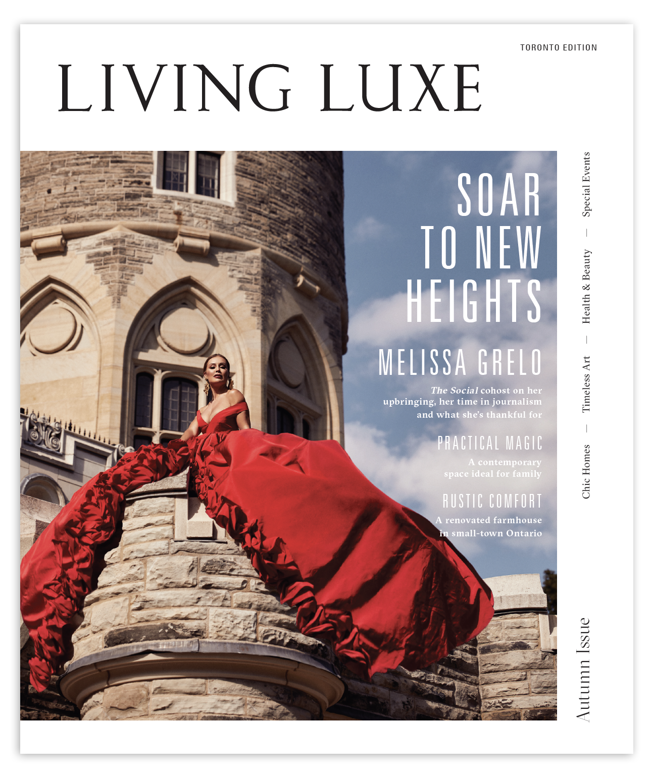 Cover of Living Luxe magazine, featuring a man with tattoos in a white t-shirt and white pants standing on stairs of a modern building with colorful glass and tile design elements.