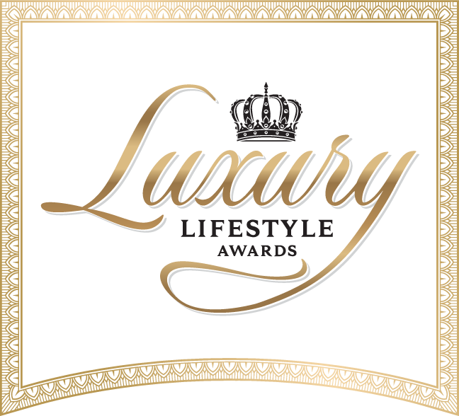 Logo for Luxury Lifestyle Awards with a crown above the word 'Luxury' in gold script and black text for 'Lifestyle Awards' on a white background with a gold decorative border.