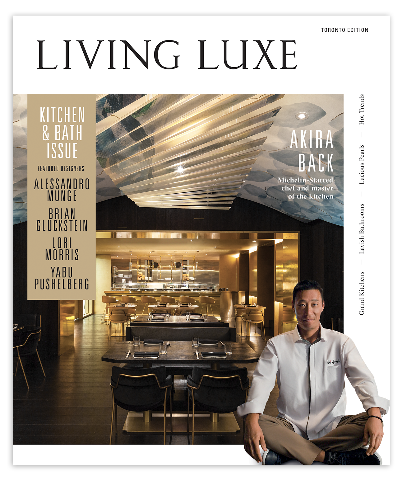 Cover of Living Luxe magazine featuring chef Daniel Boulud standing in a luxurious interior with wooden accents and modern lighting.