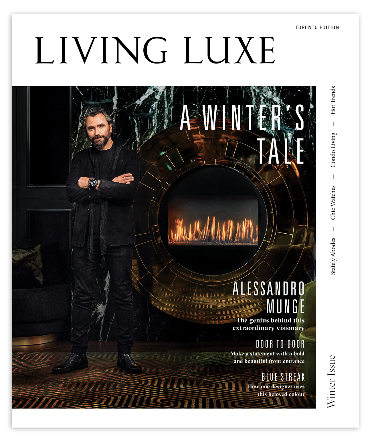 Cover of Living Luxe magazine featuring six diverse judges in a modern, spacious building interior with large windows and wooden beams, promoting design and style awards.