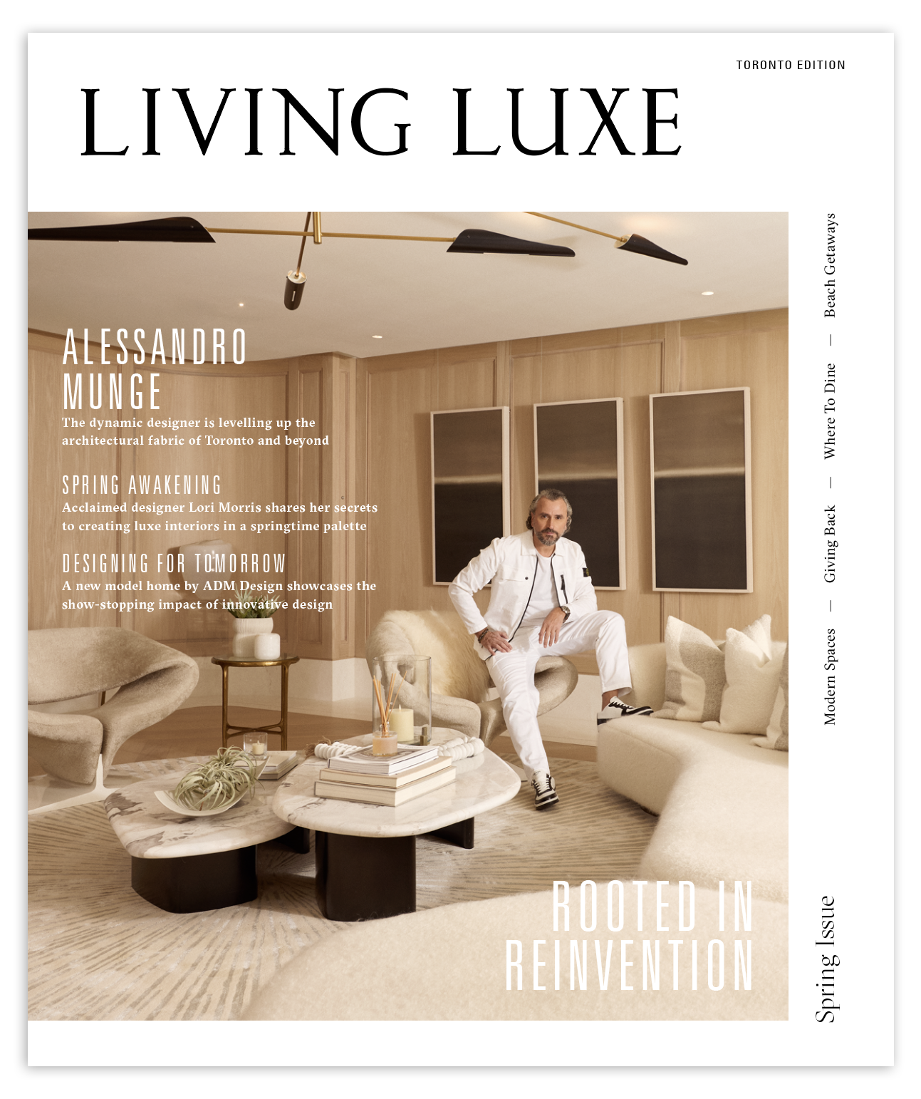 Cover layout of Living Luxe magazine featuring a modern living room with a man in white seated on a sofa. The room has beige tones, a marble coffee table, and black framed wall art. Magazine title is Living Luxe, with articles on architecture, interior design, and modern spaces.