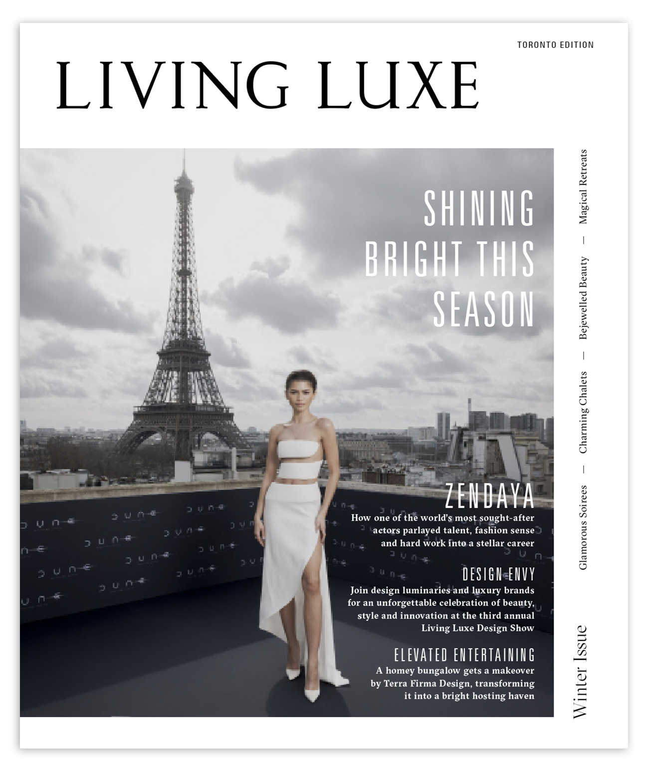 Cover of Living Luxe magazine featuring a woman in a white dress standing on a rooftop with the Eiffel Tower in the background, text highlights events and topics related to fashion, entertainment, design, and luxury lifestyle.