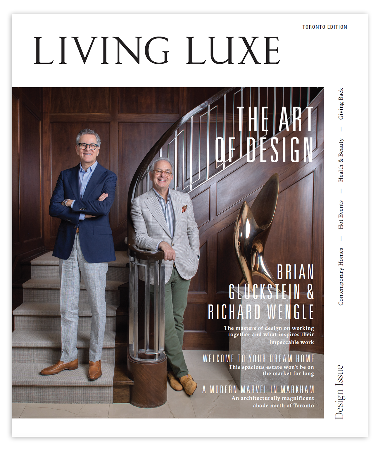 Cover of Living Luxe magazine featuring a man and a woman standing outdoors near a brick house with greenery, with headlines about interior design, city homes, and modern aesthetics.