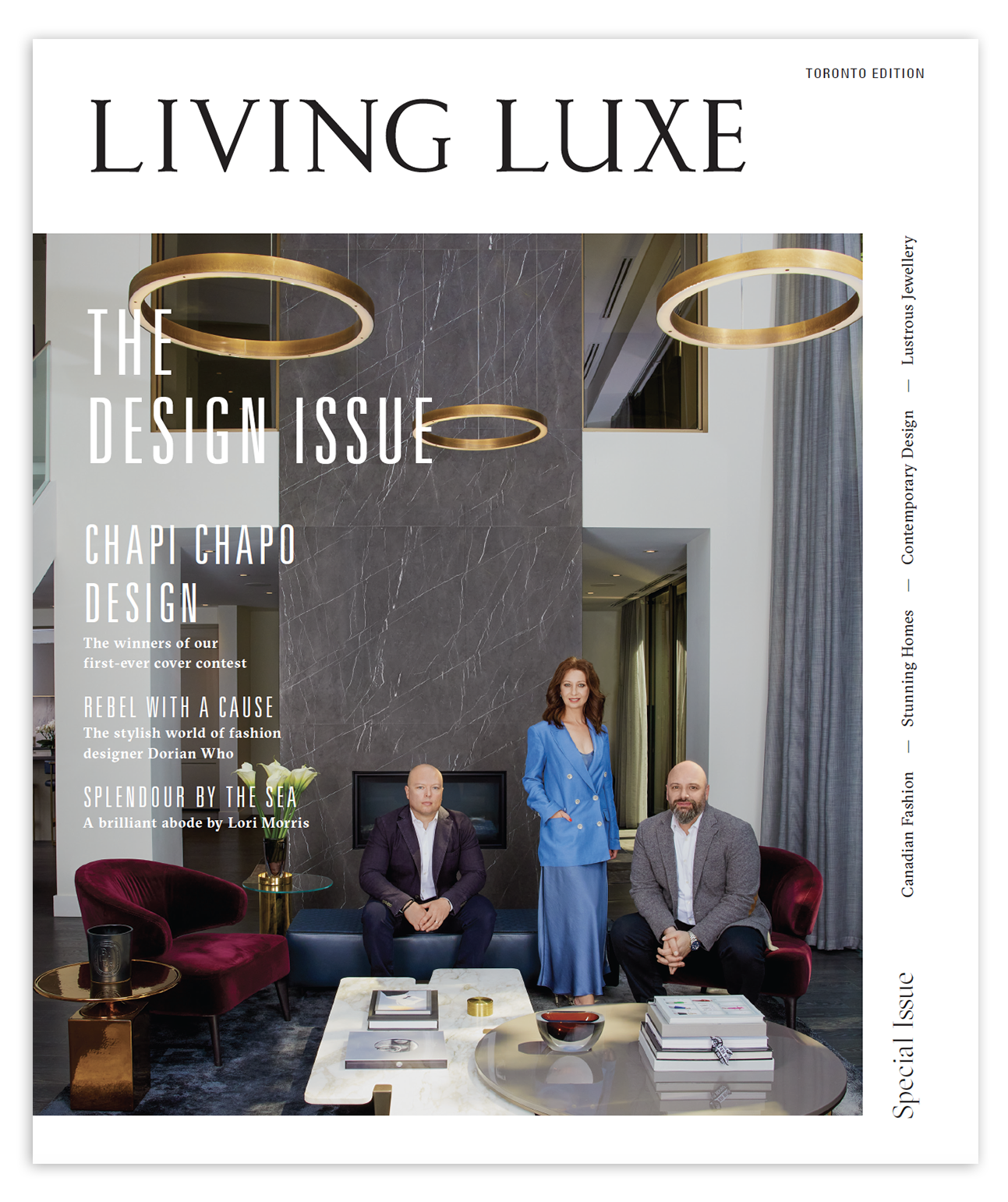 Cover of Living Luxe magazine featuring a man and a woman standing outdoors near a brick house with greenery, with headlines about interior design, city homes, and modern aesthetics.