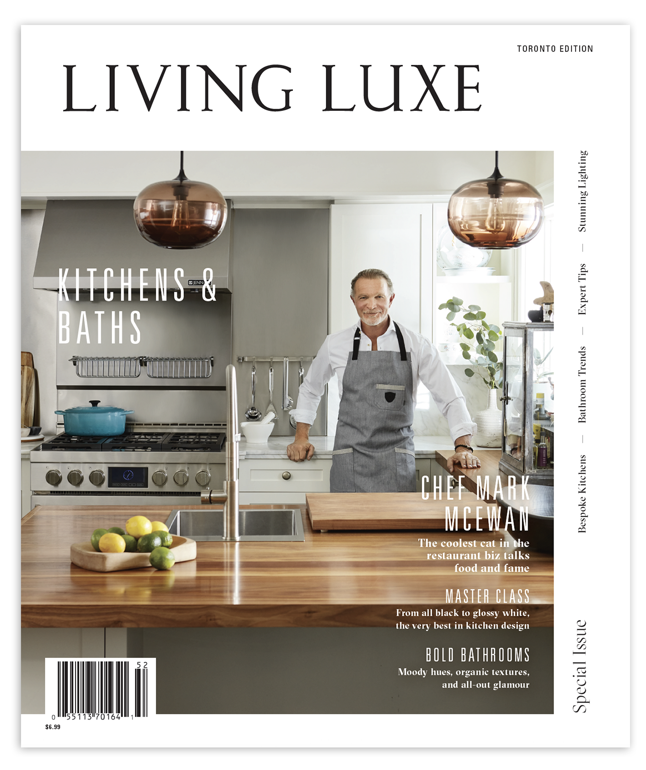 Cover of Living Luxe magazine featuring chef Daniel Boulud standing in a luxurious interior with wooden accents and modern lighting.