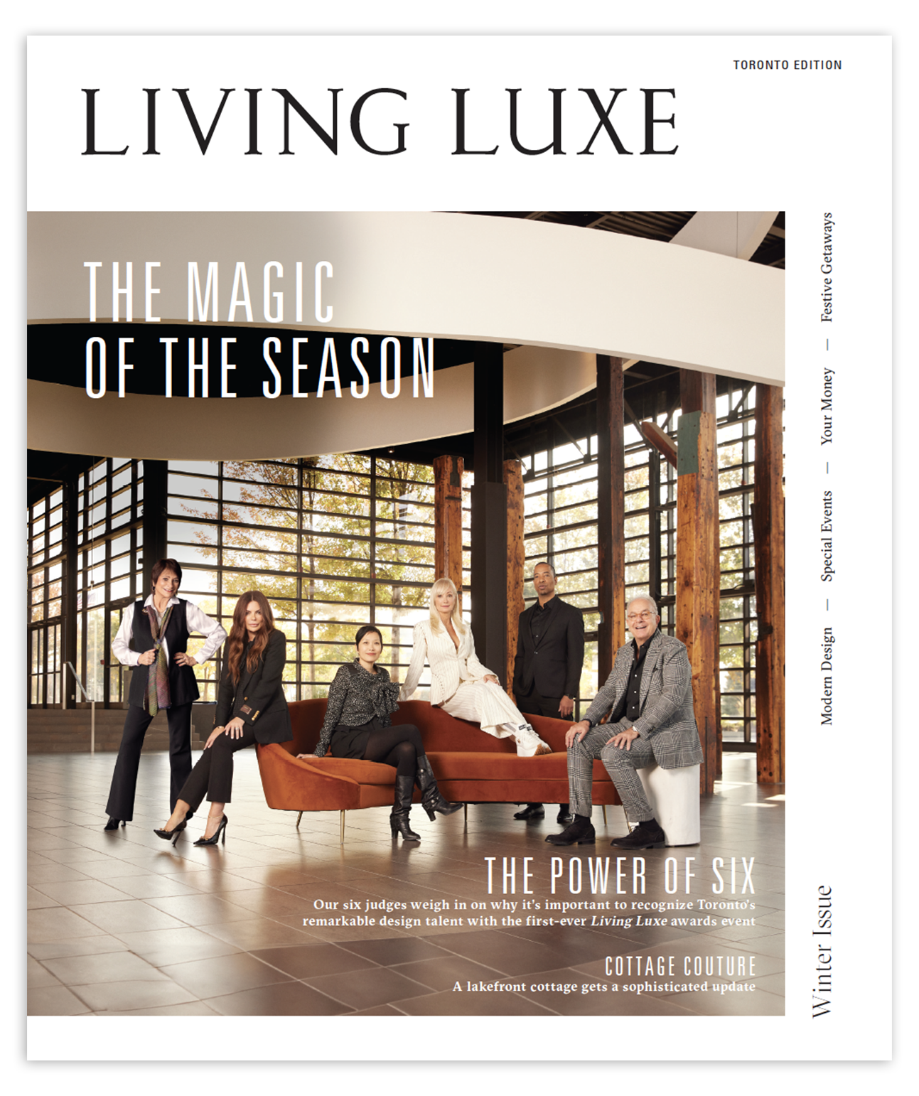 Cover of Living Luxe magazine featuring six diverse judges in a modern, spacious building interior with large windows and wooden beams, promoting design and style awards.