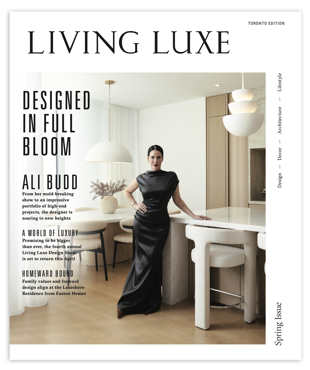 Cover layout of Living Luxe magazine featuring a modern living room with a man in white seated on a sofa. The room has beige tones, a marble coffee table, and black framed wall art. Magazine title is Living Luxe, with articles on architecture, interior design, and modern spaces.