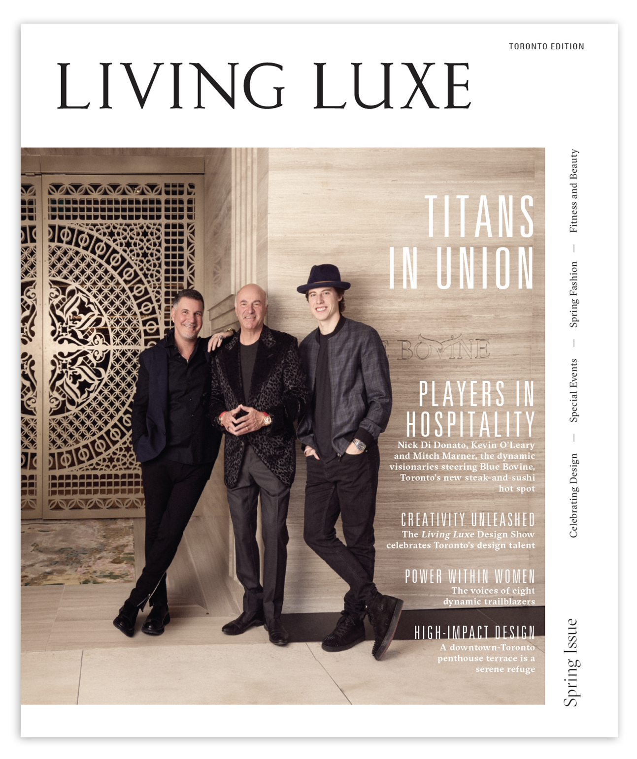 Cover of Living Luxe magazine's Toronto edition, featuring three stylish men standing in front of a decorative wall with intricate patterns, and various article headlines.