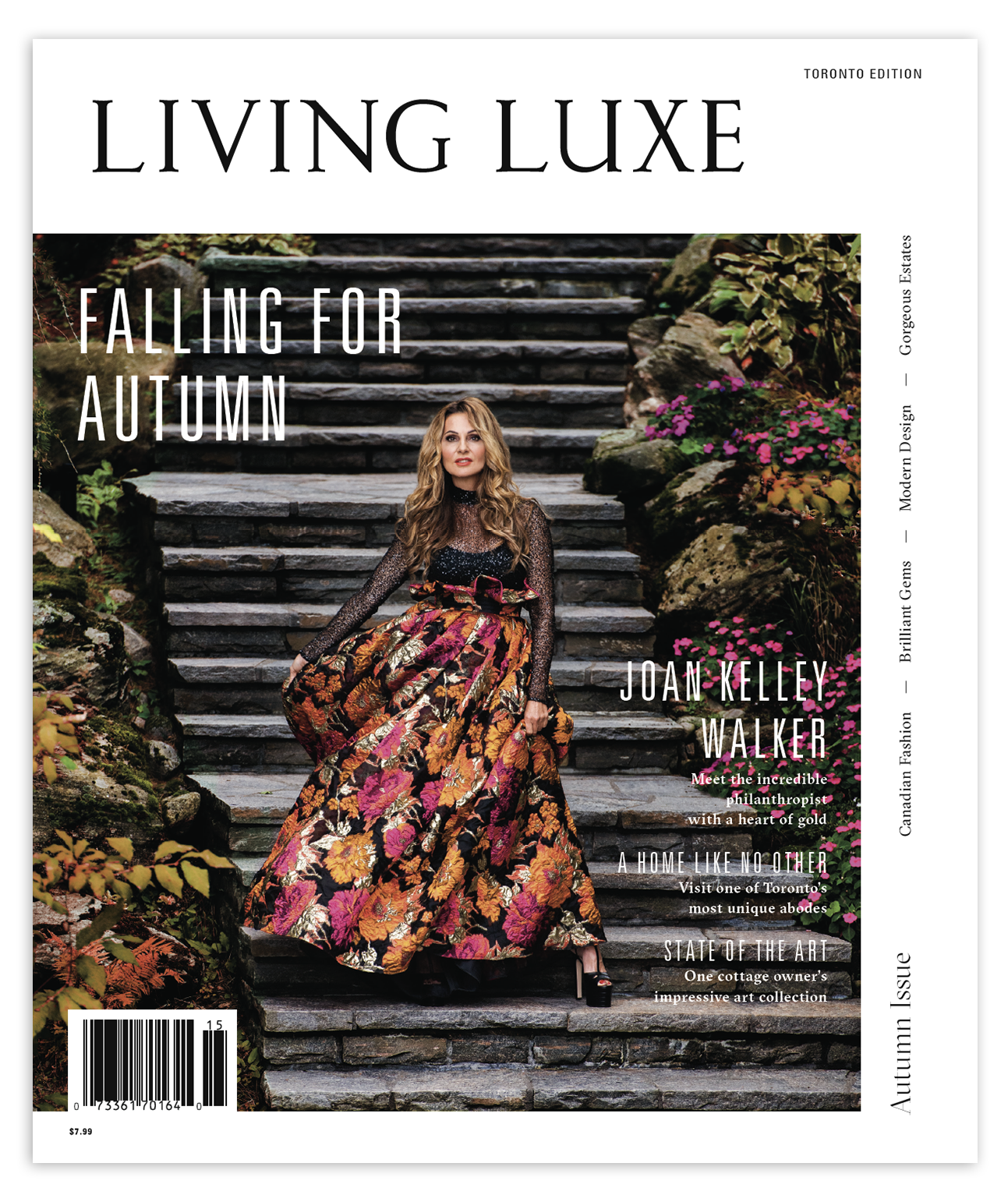 Cover of Living Luxe magazine, featuring a man with tattoos in a white t-shirt and white pants standing on stairs of a modern building with colorful glass and tile design elements.
