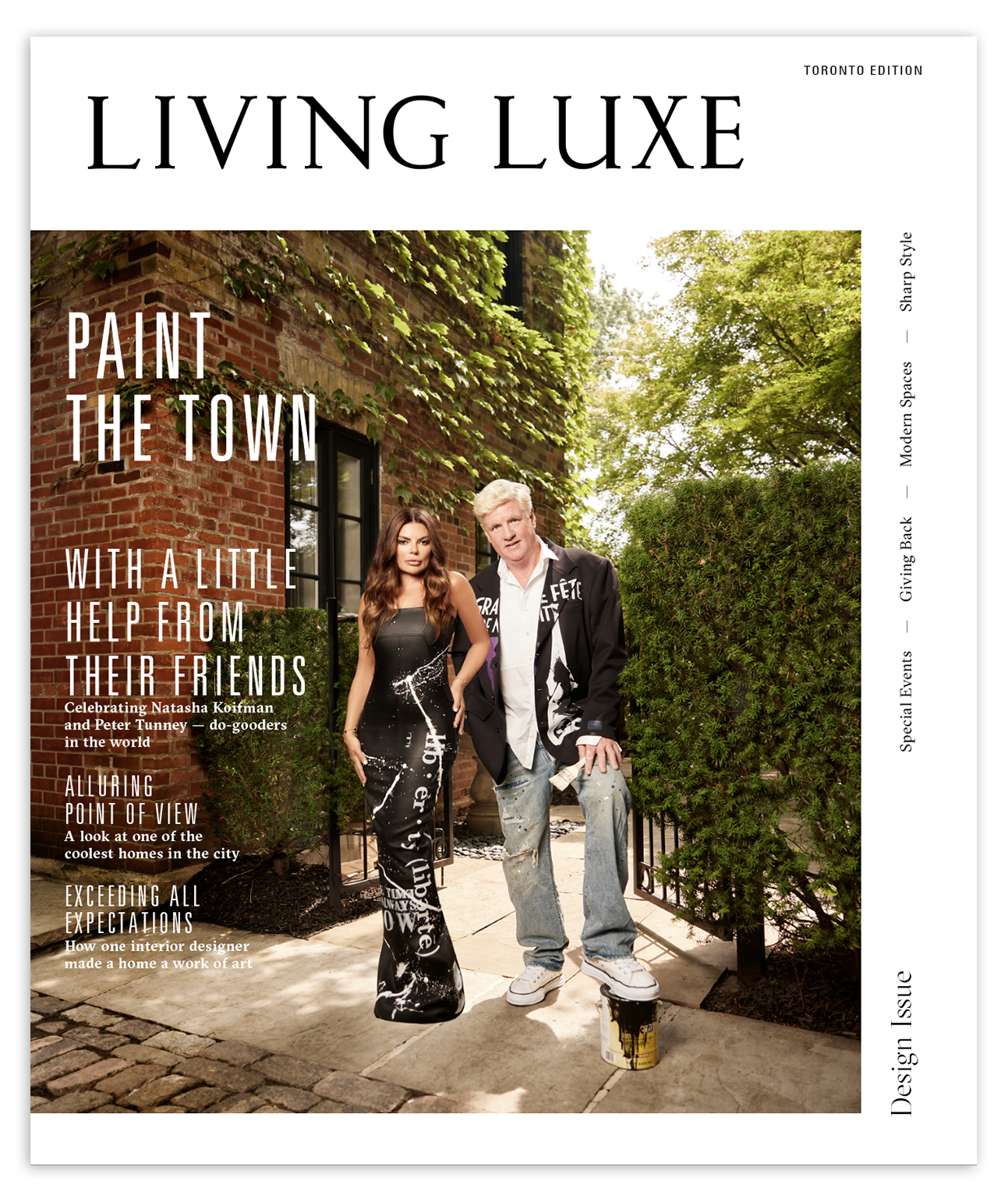 Cover of Living Luxe magazine featuring a man and a woman standing outdoors near a brick house with greenery, with headlines about interior design, city homes, and modern aesthetics.