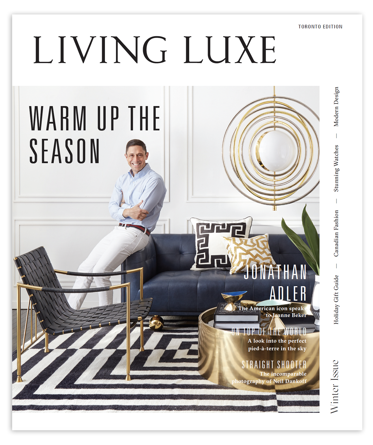 Cover of Living Luxe magazine featuring six diverse judges in a modern, spacious building interior with large windows and wooden beams, promoting design and style awards.