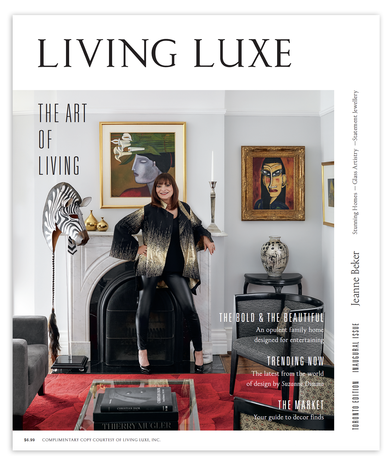 Cover of Living Luxe magazine featuring a woman in a pink dress and a man in a dark coat, standing in an elegant interior space with pink flowers on a table.