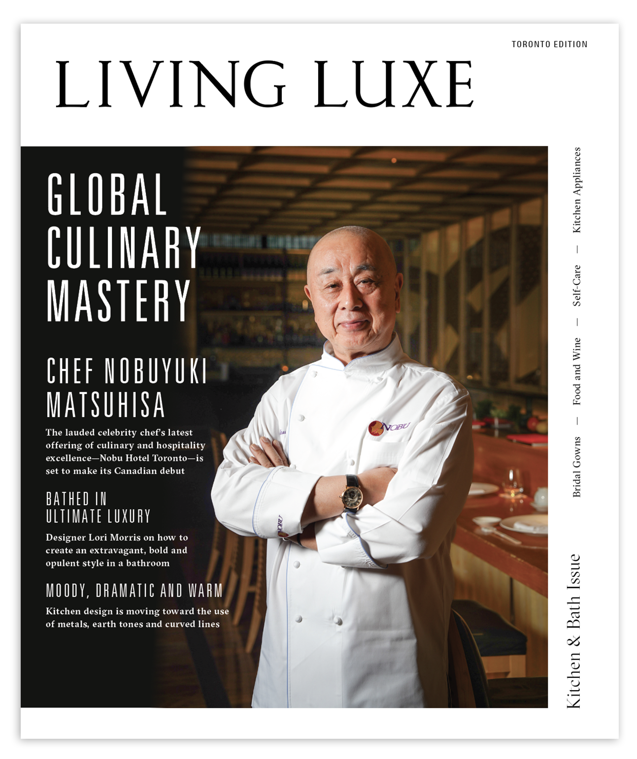 Cover of Living Luxe magazine featuring Chef Nobuyuki Matsuhisa, dressed in a white chef's coat, standing in a modern restaurant kitchen with wooden accents and a dining area in the background.