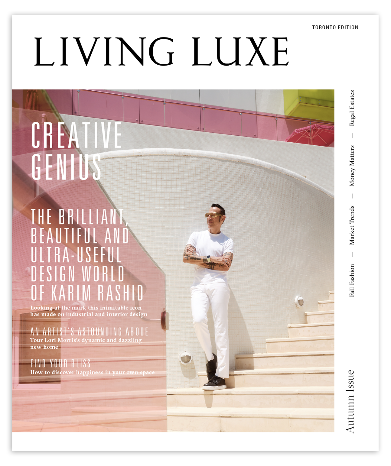 Cover of Living Luxe magazine, featuring a man with tattoos in a white t-shirt and white pants standing on stairs of a modern building with colorful glass and tile design elements.