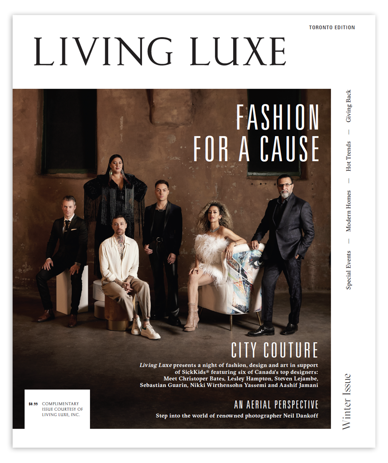 Cover of Living Luxe magazine featuring six diverse judges in a modern, spacious building interior with large windows and wooden beams, promoting design and style awards.