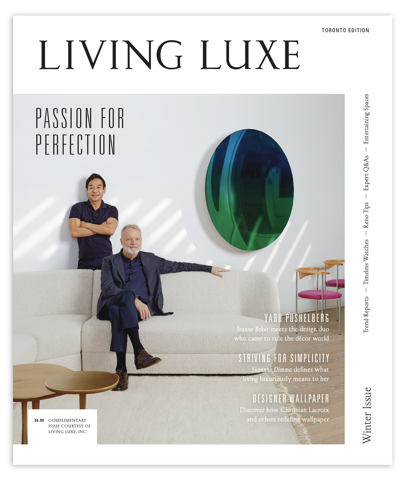Cover of Living Luxe magazine featuring six diverse judges in a modern, spacious building interior with large windows and wooden beams, promoting design and style awards.