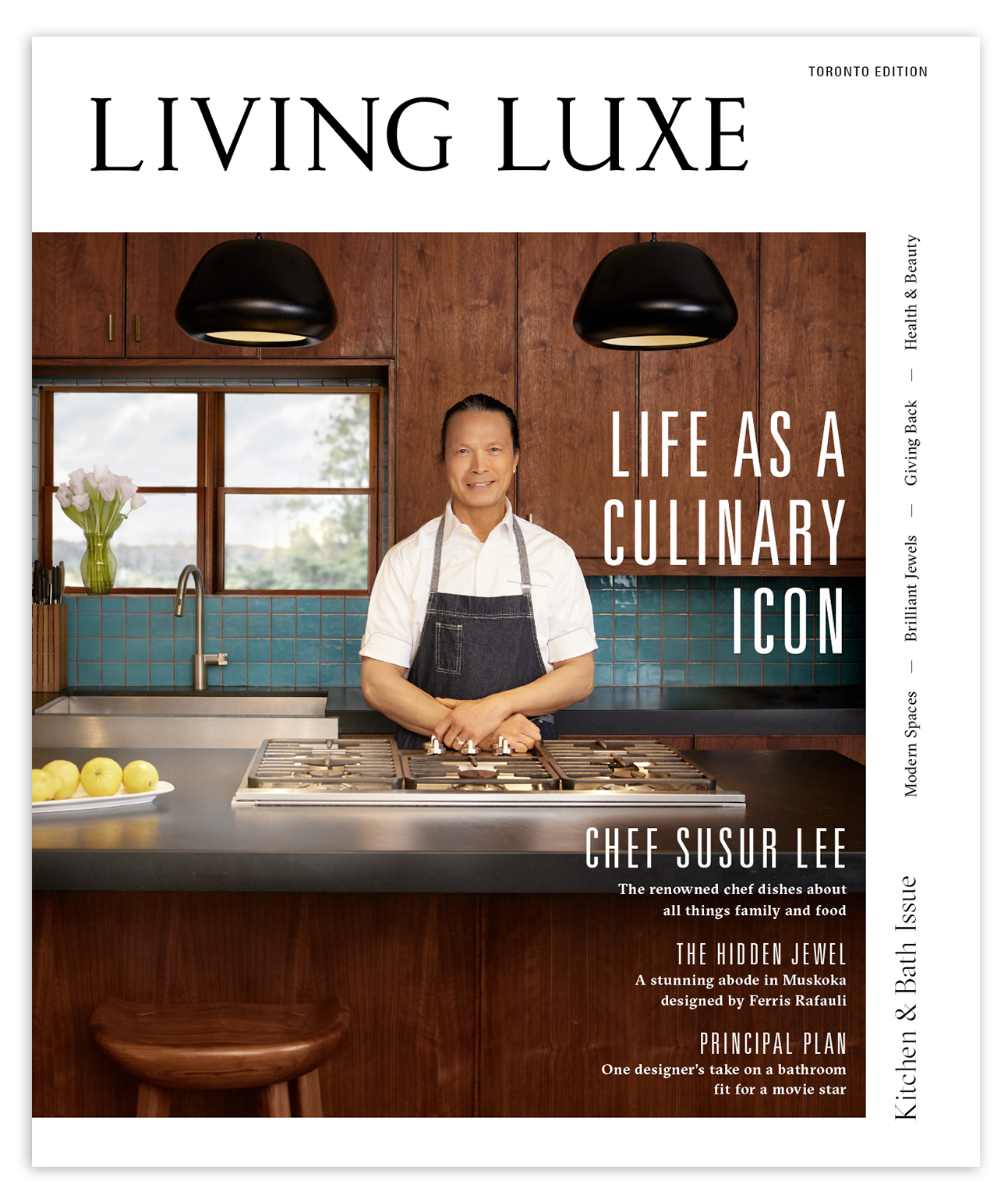 Cover of Living Luxe magazine featuring chef Daniel Boulud standing in a luxurious interior with wooden accents and modern lighting.